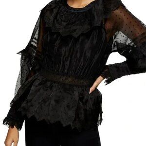 Topshop Sheer Black Dobby Blouse Size 6 Swiss Dot Embroidered Shirred Waist